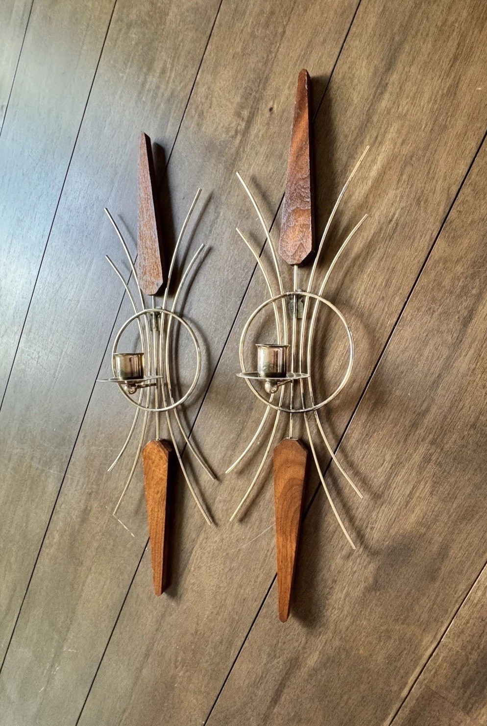 Vintage Brass & Teak Wood Starburst MCM  Wall Candle Sconces Danish Atomic Pair