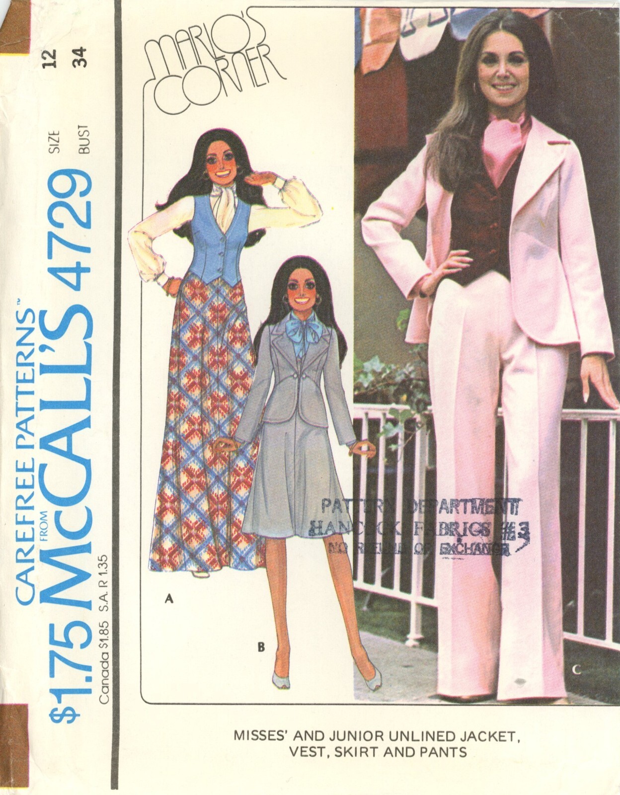 McCall\'s 4729 THREE PIECE SUIT Jacket, Vest, Pants or Skirt Sz 12 CUT COMPLETE