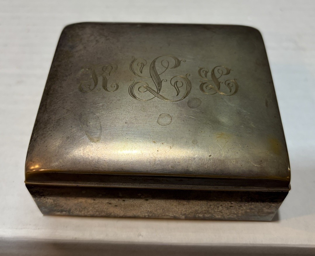 Vintage Gump's San Francisco Silver Plate Trinket Box Monogram Green Velvet 1861