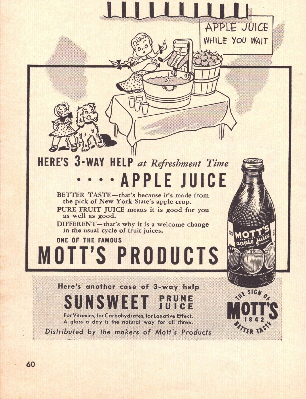 1943 Mott\'s Apple Juice - The Sign of Better Taste Girl Puppy - Vintage Print Ad