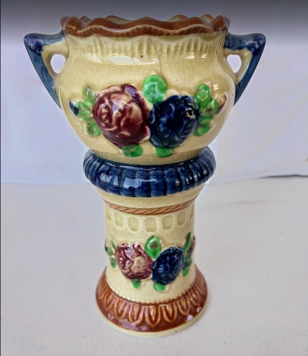 Antique 1920s Urn Vase Handle Floral Embossed Drip Glaze Czechoslovakian Style