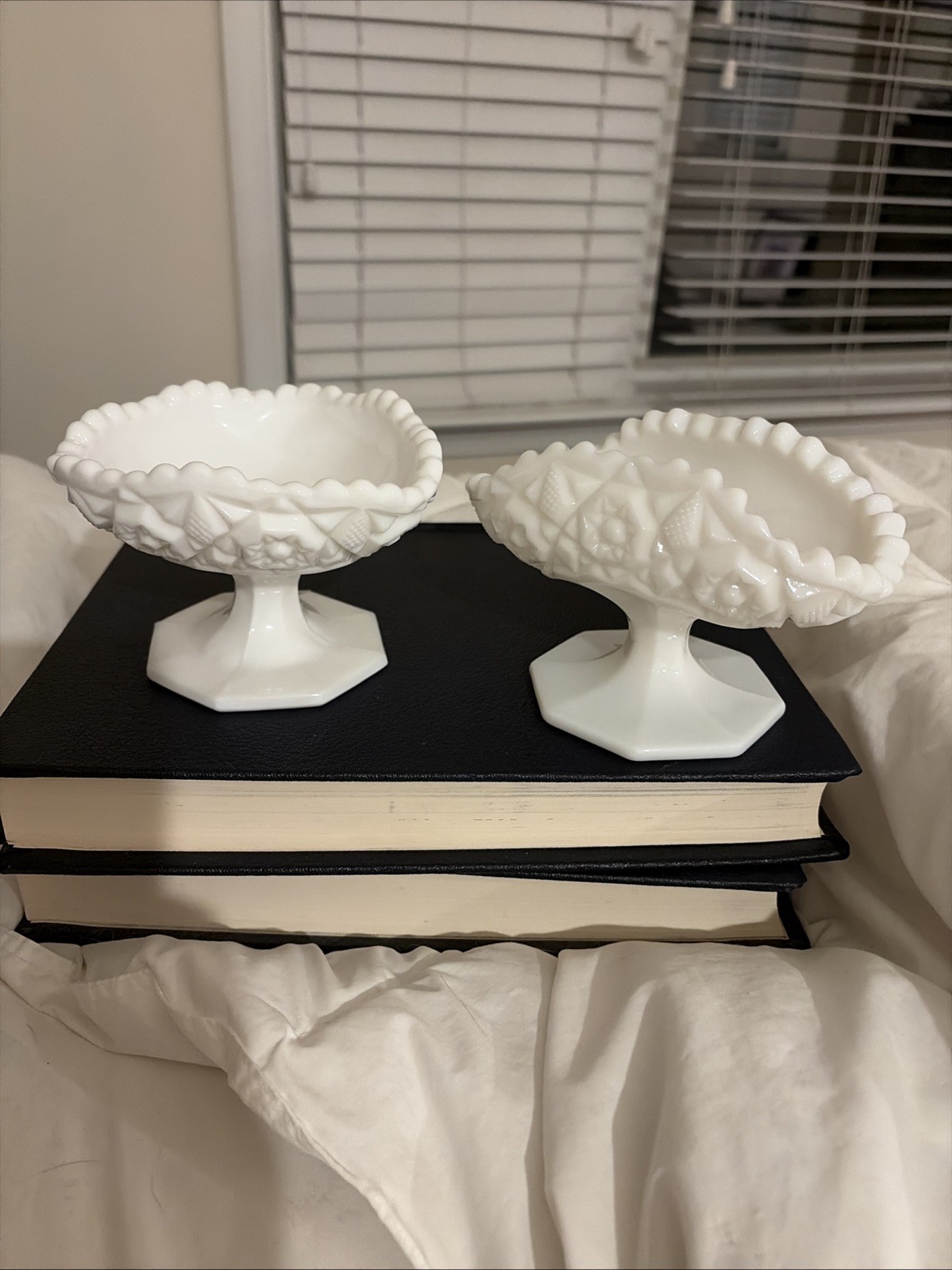 Set Of 2 Kemple Hobstar Vintage Milk Glass Footed Compote Set Of 2 Kemple Hobstar Vintage Milk Glass Footed Compote