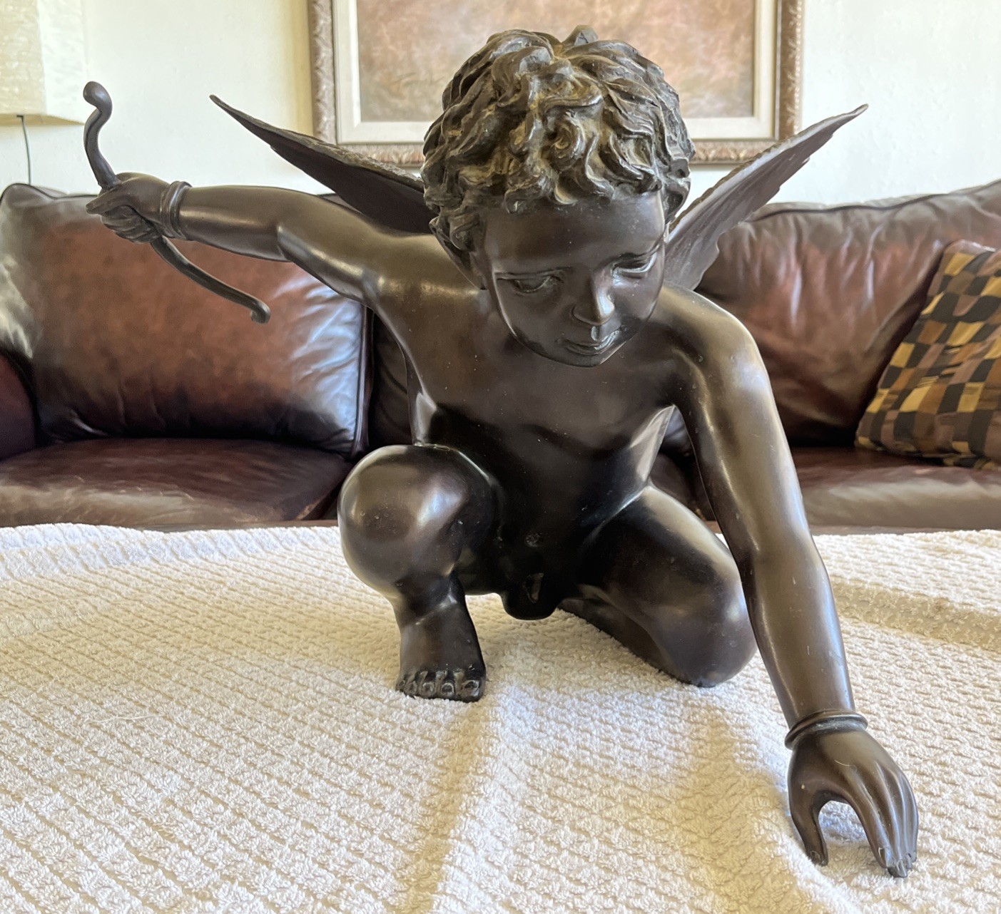 Angel /Cupid Bronze Statue handmade by Nishan Toor. 15x 31x 20. Excellent Cond.