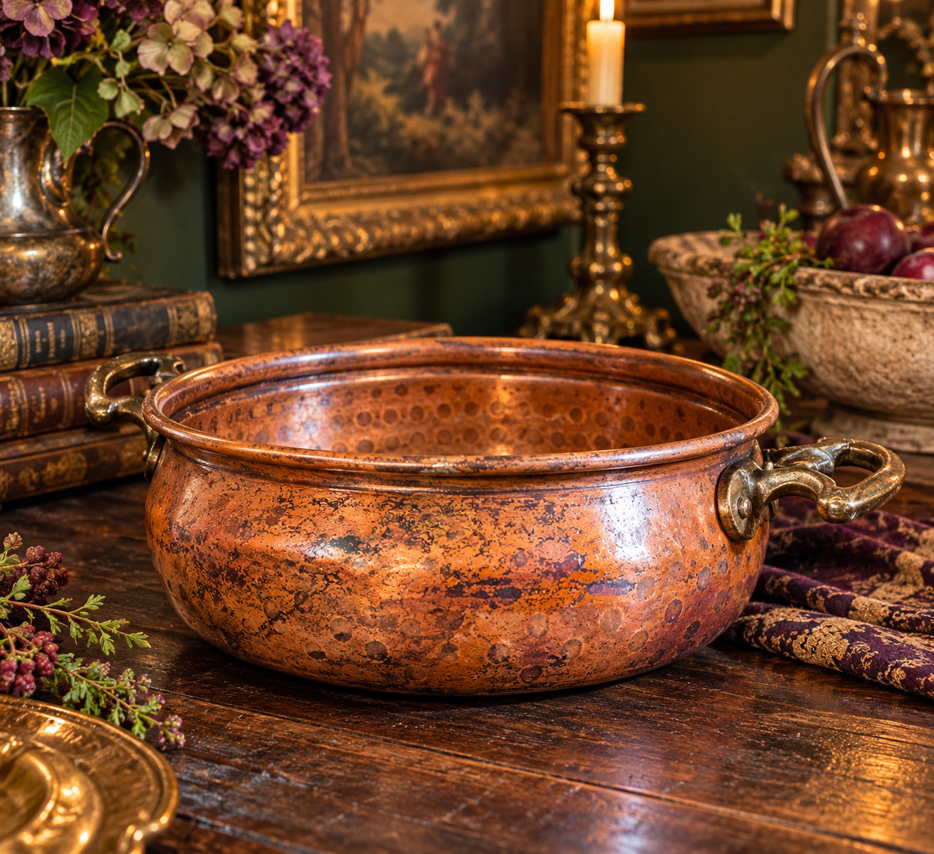 Antique Copper Pot Cauldron Ornate Handles Red Patina Old World Decor