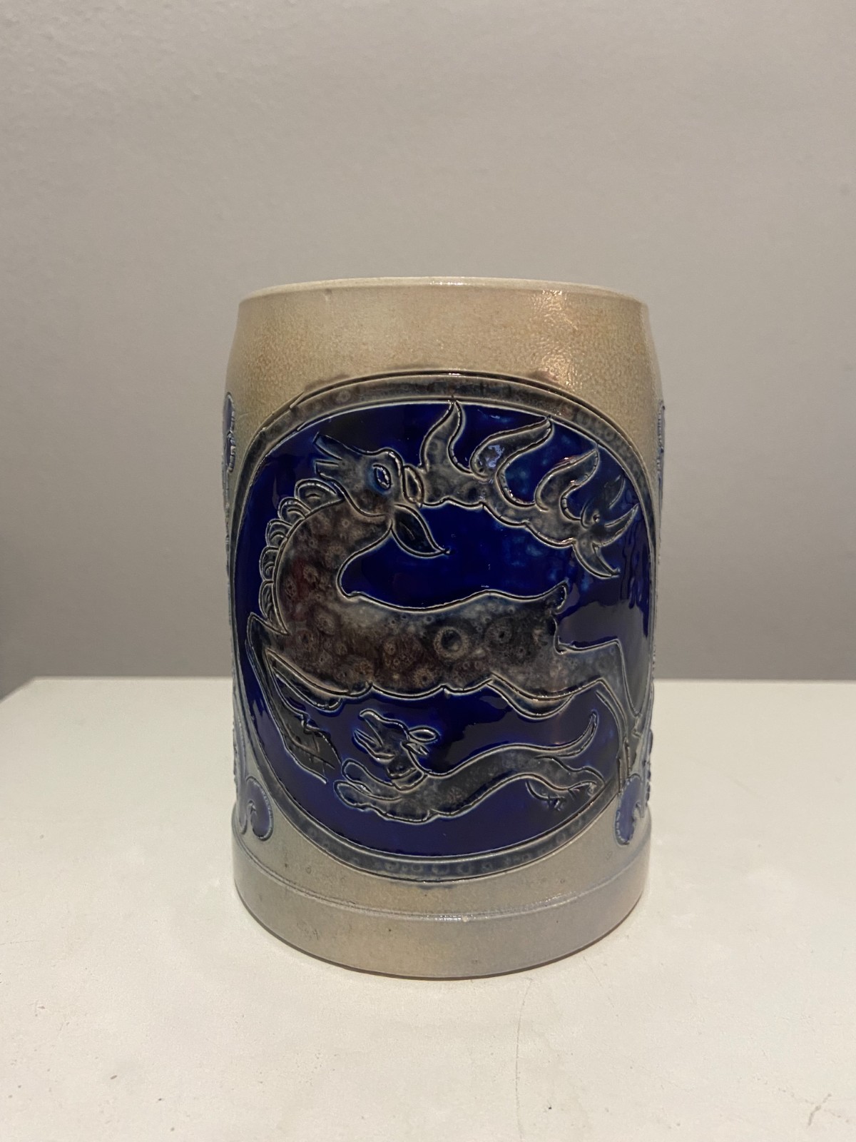 Vintage Reinhold Merkelbach Stoneware Cobalt Blue Salt Glaze Deer Beer Stein .5L