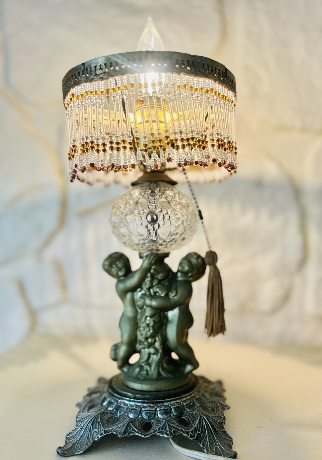 Vintage Hollywood Regency Cherub Brass and Crystal Lamp 12” WORKS