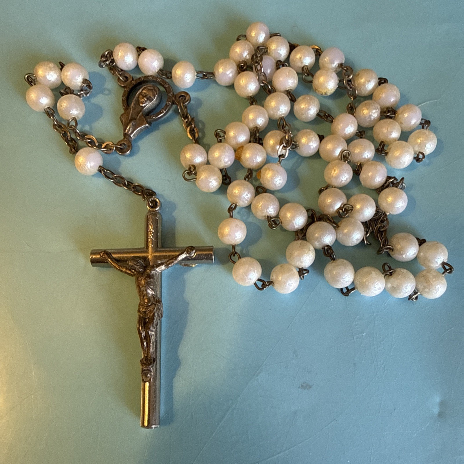 Vintage Small Italian Pearl Beads  Silver Tone Cross Rosary Italy