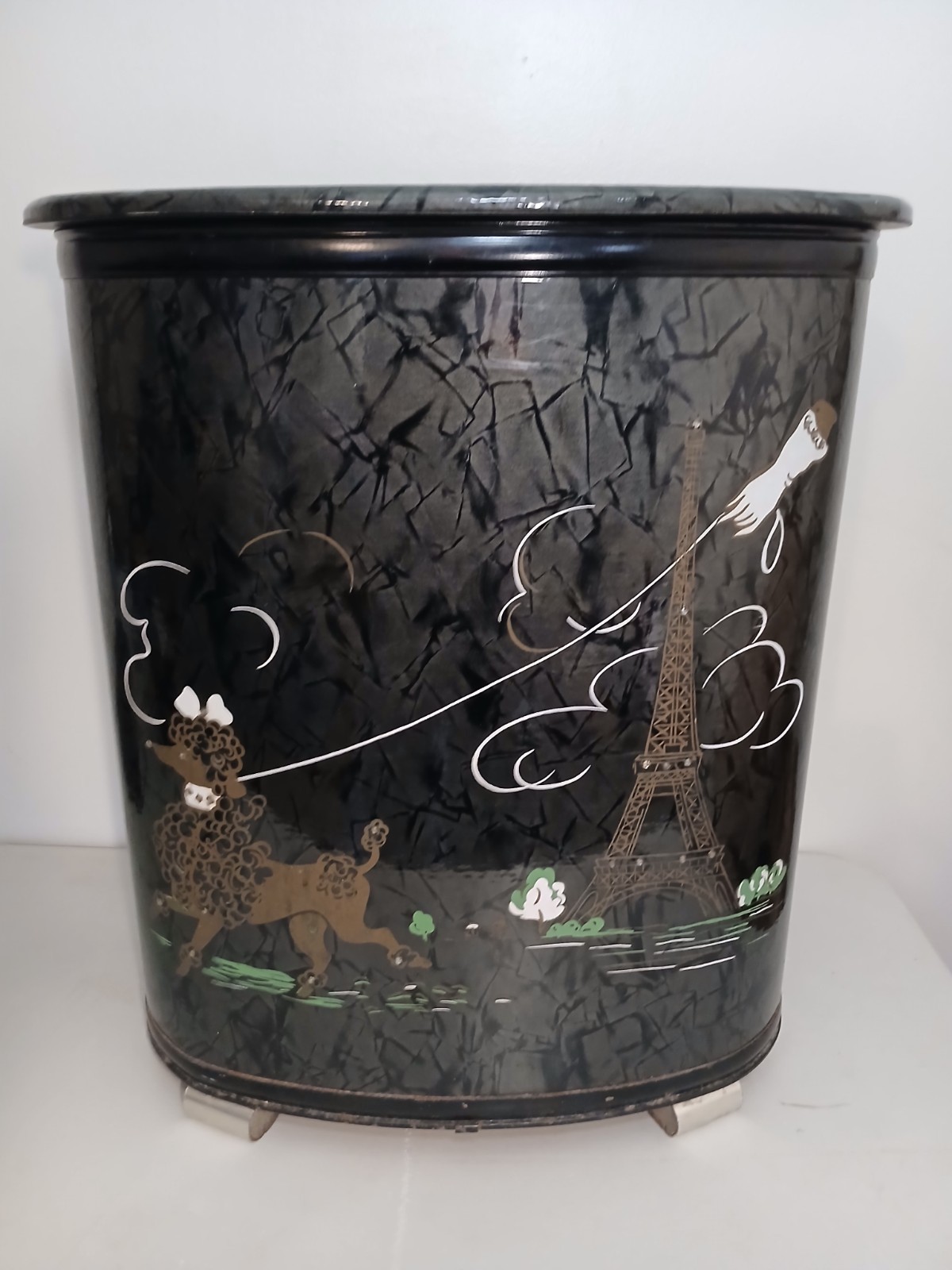 50’s Pearl Wick Black Cracked Ice Poodle Vtg Hamper Paris Eiffel Tower VERY RARE 50’s Pearl Wick Black Cracked Ice Poodle Vtg Hamper Paris Eiffel Tower VERY RARE