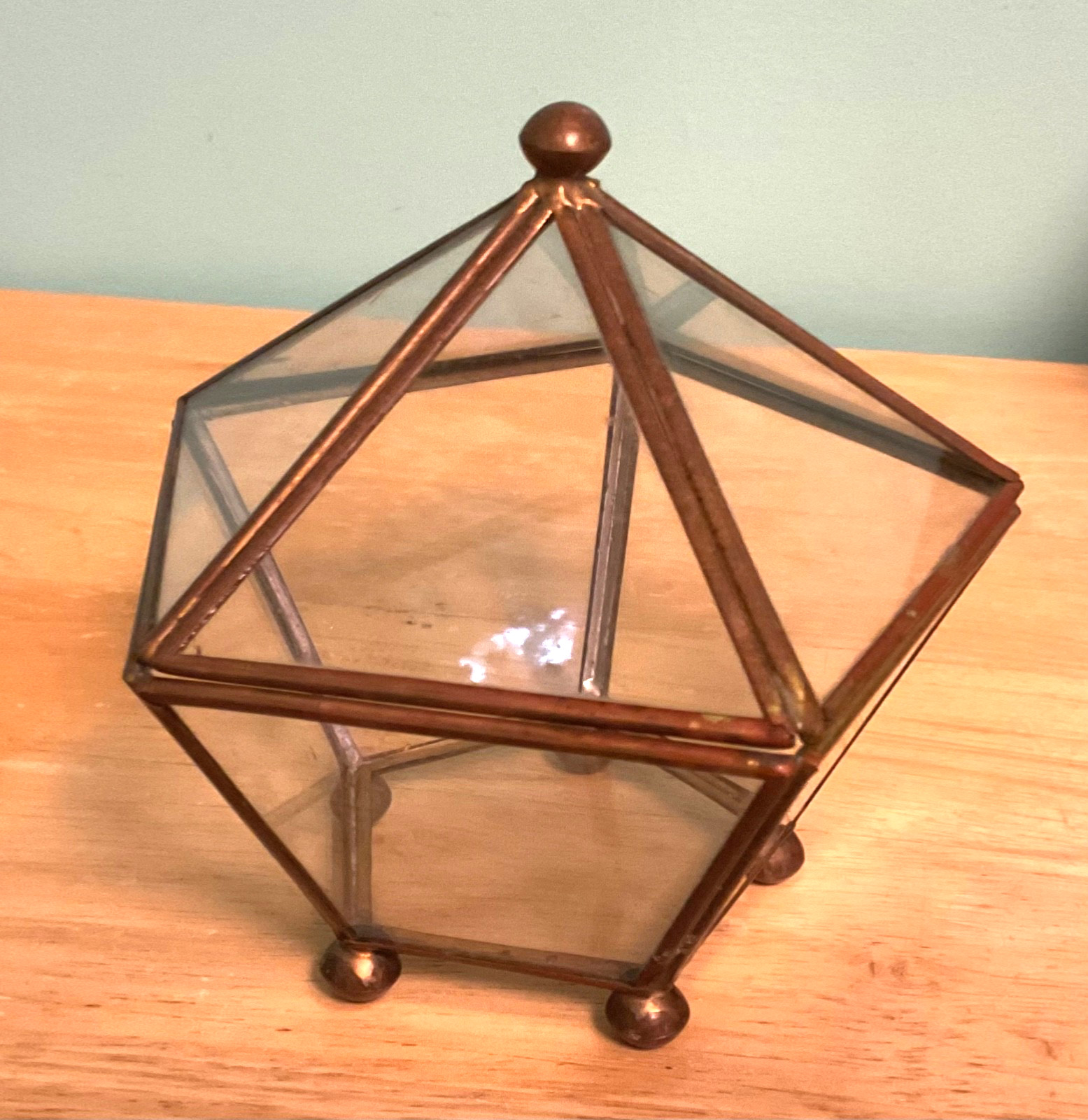 Vintage MCM Glass And Brass Pentagon Jewelry & Trinket Box, terrarium style Vintage MCM Glass And Brass Pentagon Jewelry & Trinket Box, terrarium style