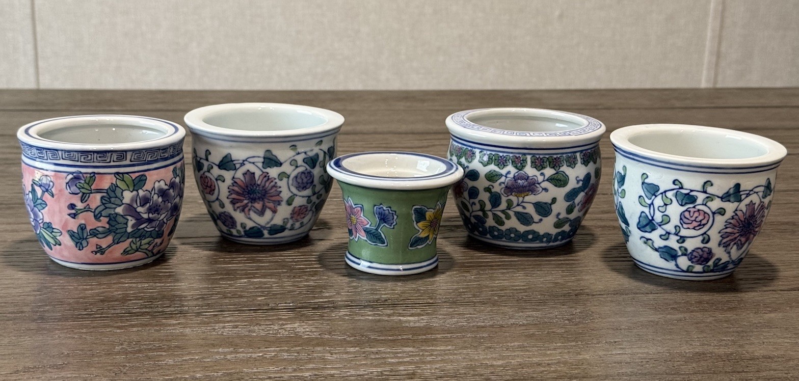 Vintage Mini Variety Chinoiserie Style Asian Porcelain Planter Pots Set Of 5