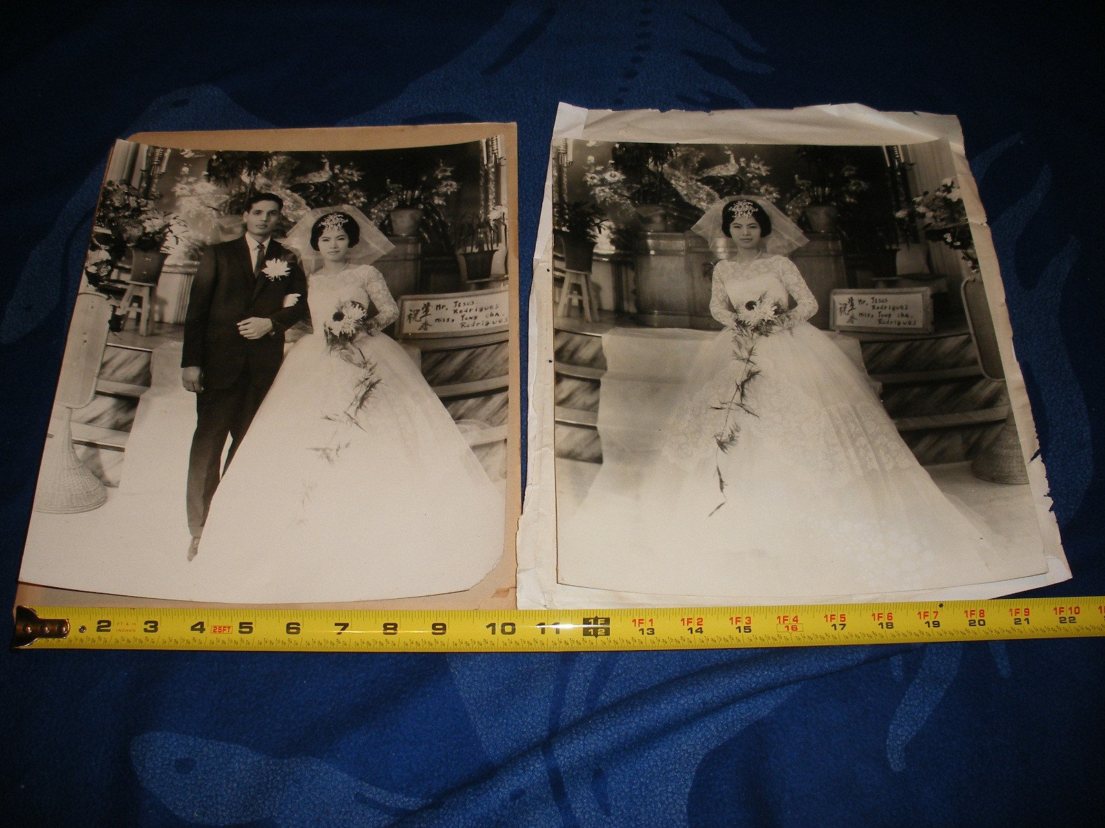 VINTAGE LOT OF 2 BLACK & WHITE 12X10 WEDDING PHOTOS - BRIDE & GROOM RODRIGUEZ