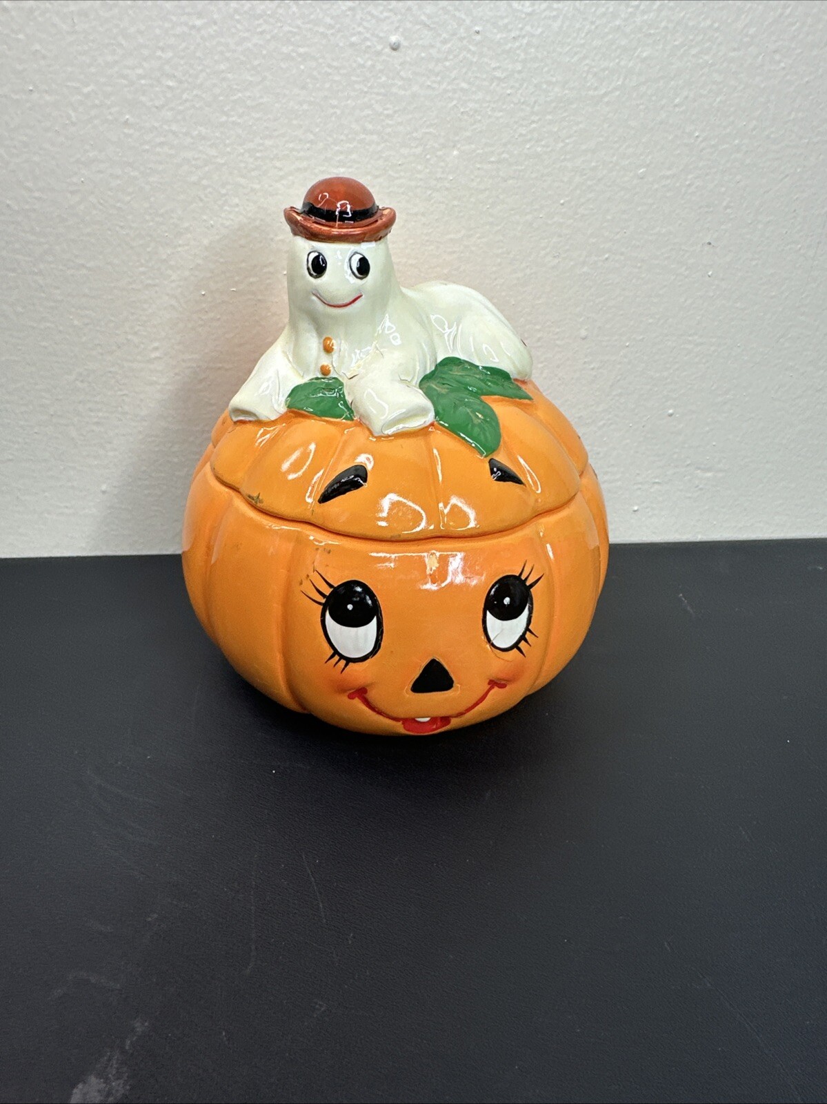 Vintage 80s Lefton Halloween Hand Painted Pumpkin & Ghost Candy Container *READ* Vintage 80s Lefton Halloween Hand Painted Pumpkin & Ghost Candy Container *READ*