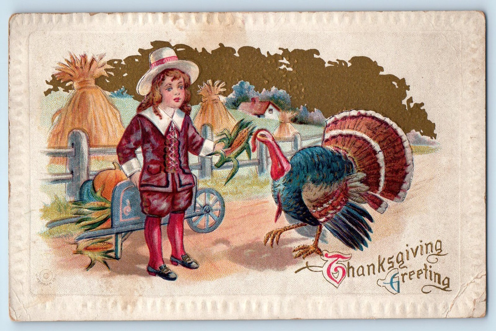 c1910\'s Thanksgiving Greetings Boy Feed Turkey Embossed Kenton Ohio OH Postcard c1910\'s Thanksgiving Greetings Boy Feed Turkey Embossed Kenton Ohio OH Postcard