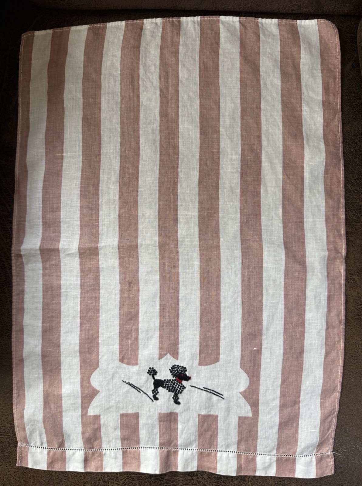 Vintage 1950s Pink Striped Poodle Guest Towel, Stain Free Kitsch Fingertip Linen