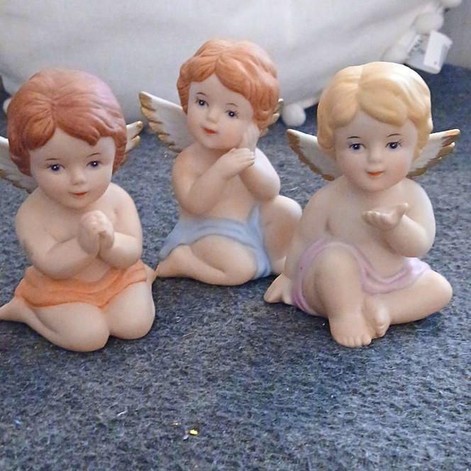 Homco Painted Porcelain Cherub Angel Figurines, Set of 3, #1430, Gold Trim Wings