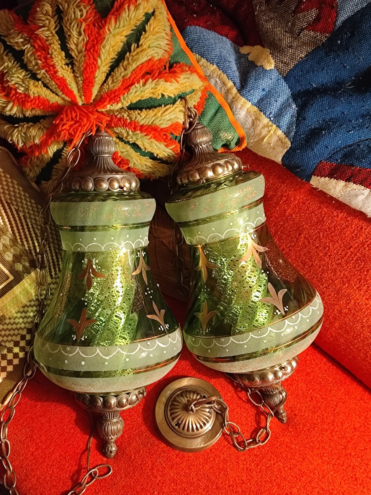 FALKENSTEIN PAIR Huge Vintage Regency Ornate Jeweled/Painted Glass SWAG Lamps FALKENSTEIN PAIR Huge Vintage Regency Ornate Jeweled/Painted Glass SWAG Lamps
