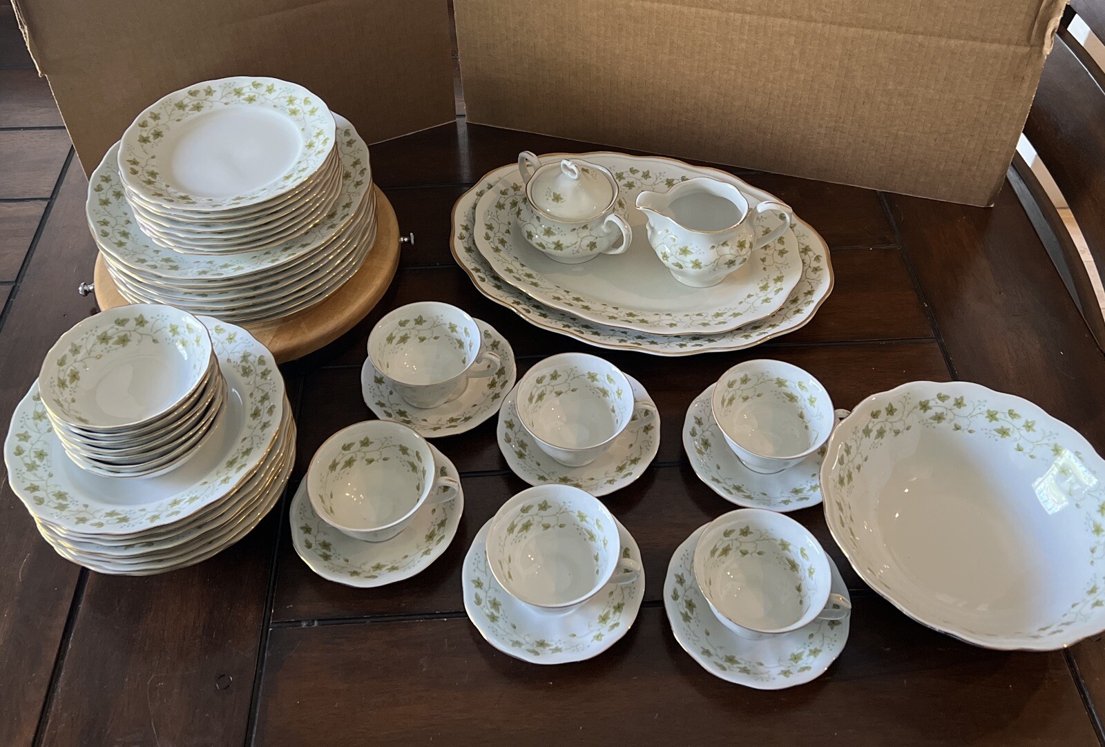 Favolina DIANA Pattern Of Fine China-Made In Poland-Ivy & Gold 49 Pcs-RARE-VTG