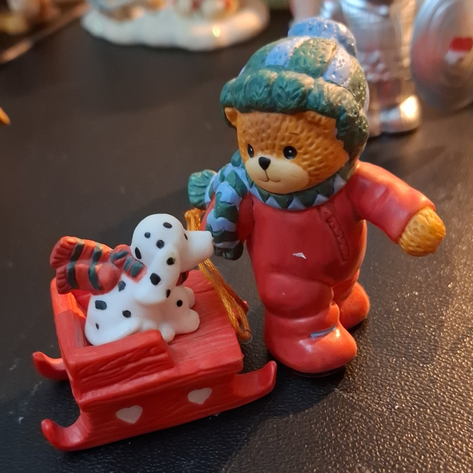 Enesco Lucy & Me Hand Painted Bear Pulling Dalmatian Sled Figurine 1991