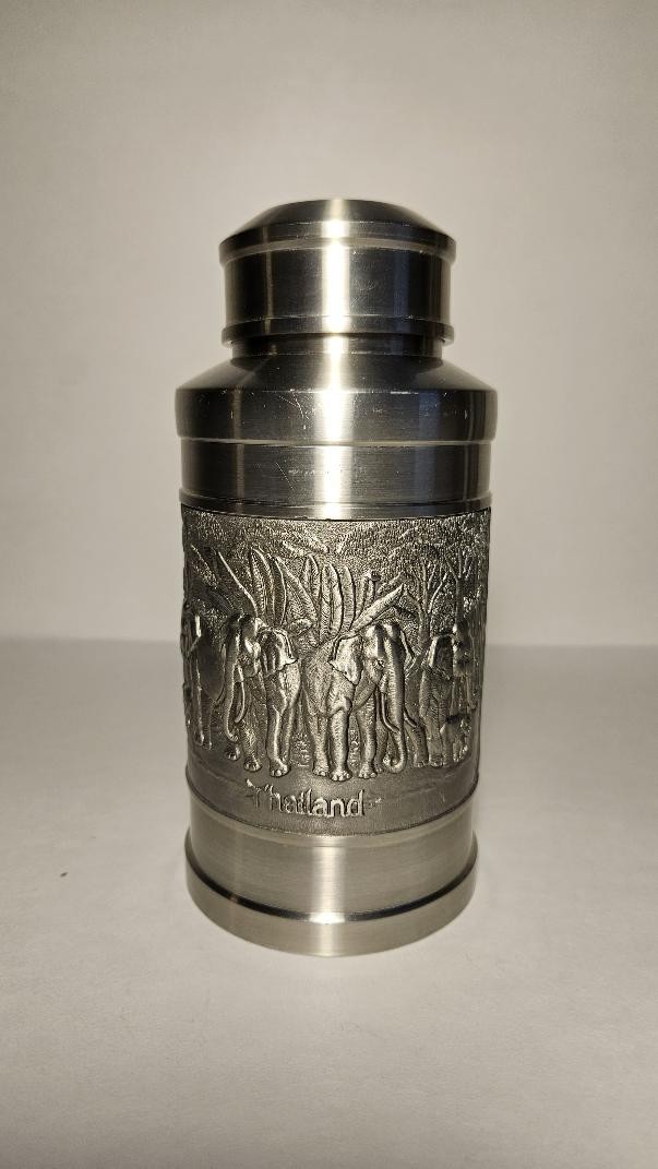 Vintage Oriental Pewter Thailand Tea Caddy Elephant Scene 5.5\