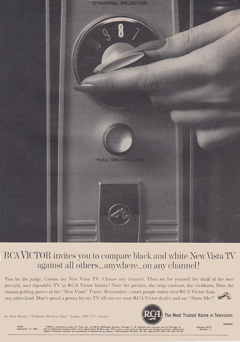 1962 RCA Vista TV: Channel Selector, Black and White Vintage Print Ad