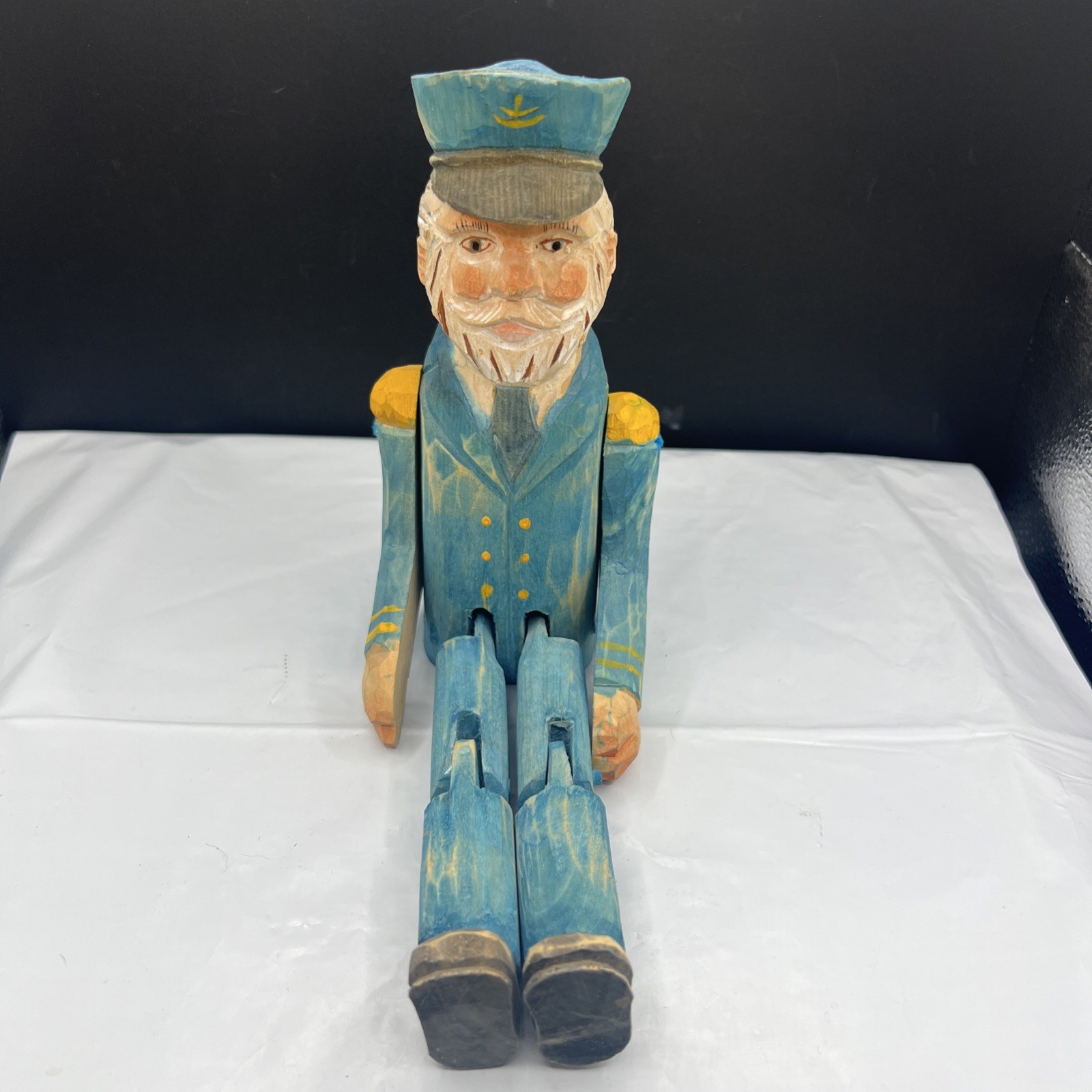 Vintage Hand Carved Wood Sea Captain Sailor Articulated Shelf Sitter Folk Art