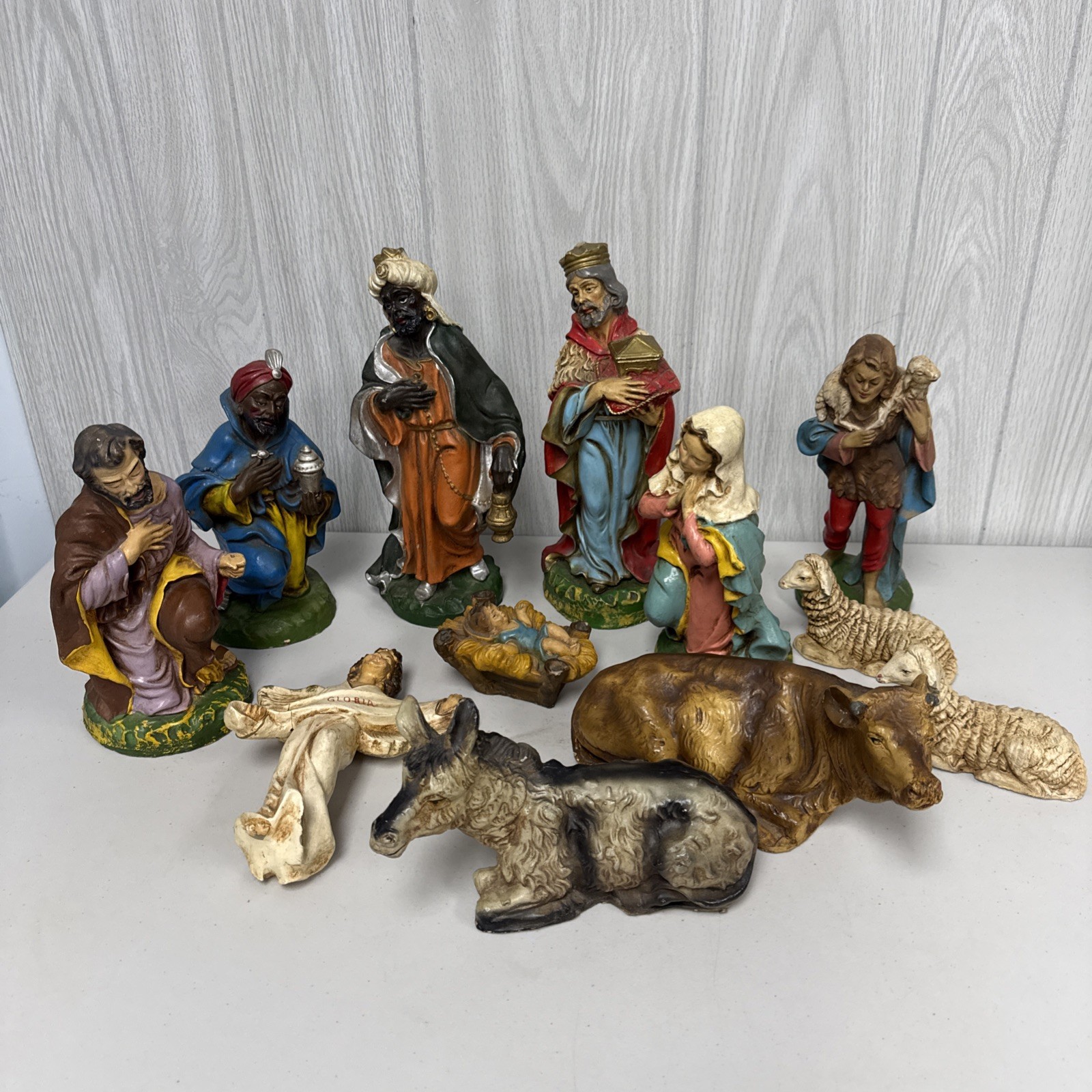 Vtg Italian Chalkware Nativity Set 12 Pc Plaster Hand Painted Large Scale 12\