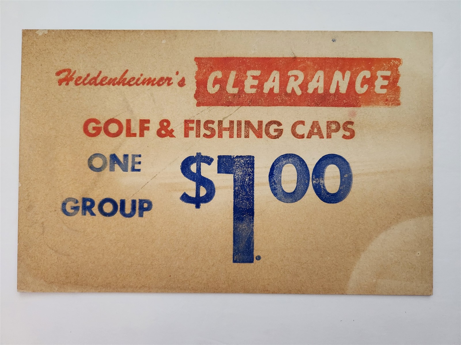 1950s vintage HEIDENHEIMER\'S waco tx STORE SIGN cardboard CLEARANCE GOLF FISHING