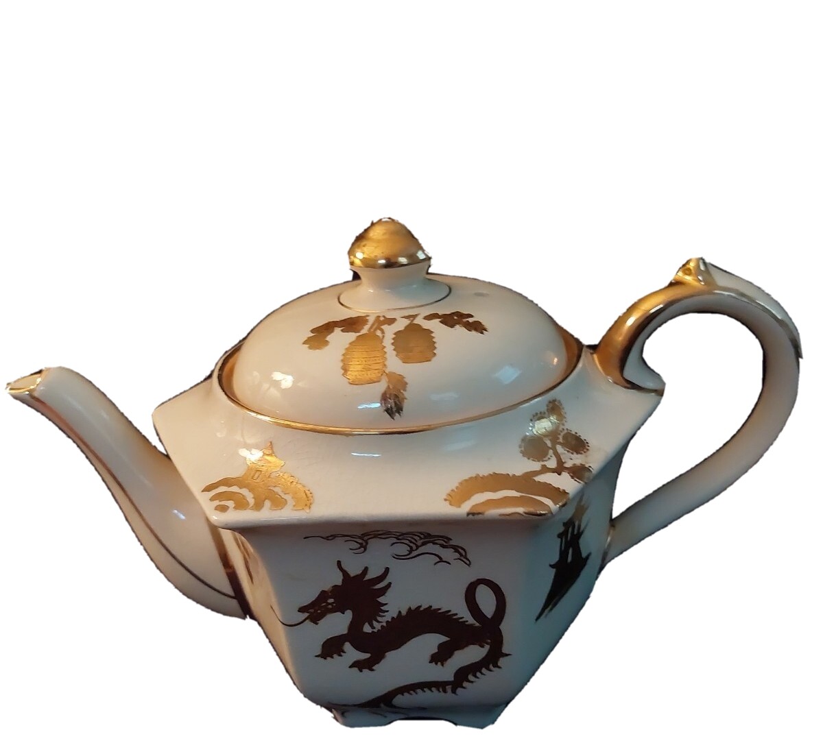 Sadler GOLD DRAGON England Pagoda Chinese Motif White Signed Numbered TEAPOT