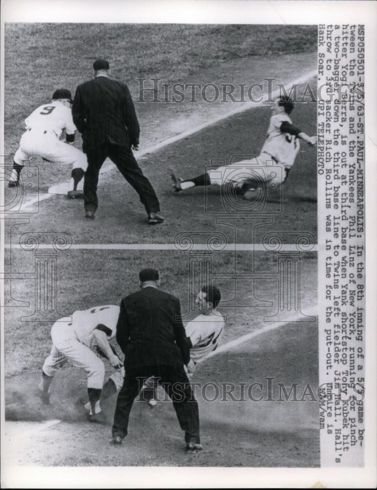 1963 Press Photo Yankee Phil Linz runs for hit of Yogi Berra, SS Tony Kubek