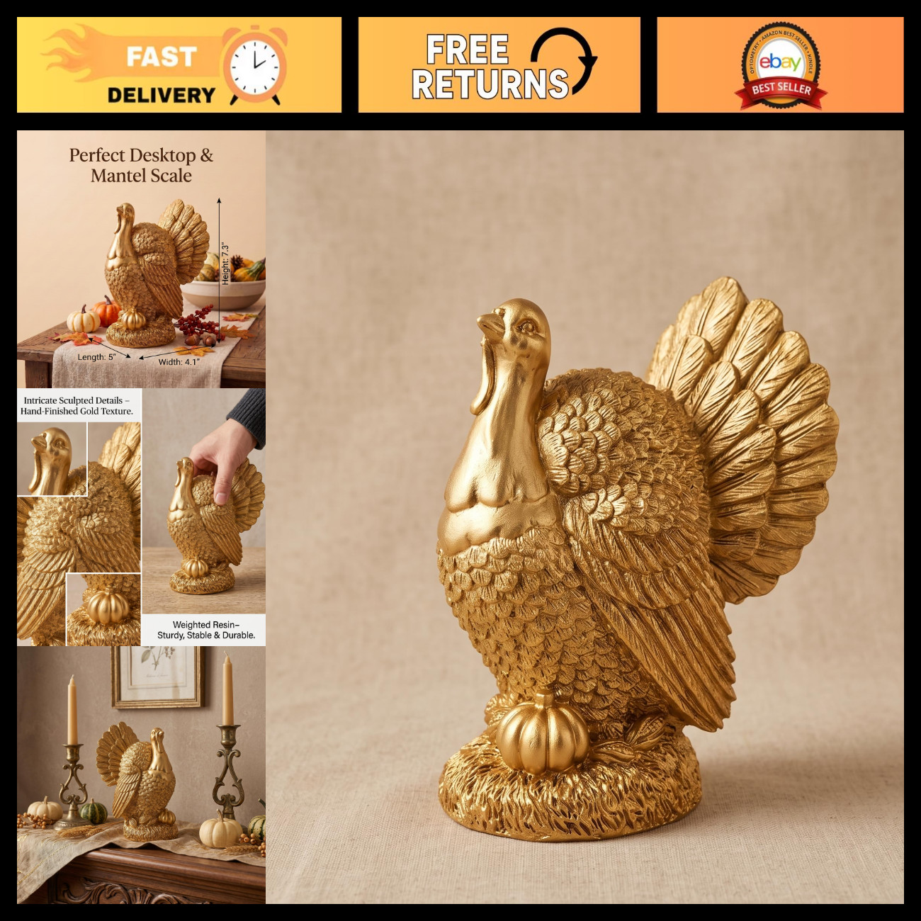 Thanksgiving Table Centerpiece - Small Gold Resin Turkey Figurine Decoration Thanksgiving Table Centerpiece - Small Gold Resin Turkey Figurine Decoration