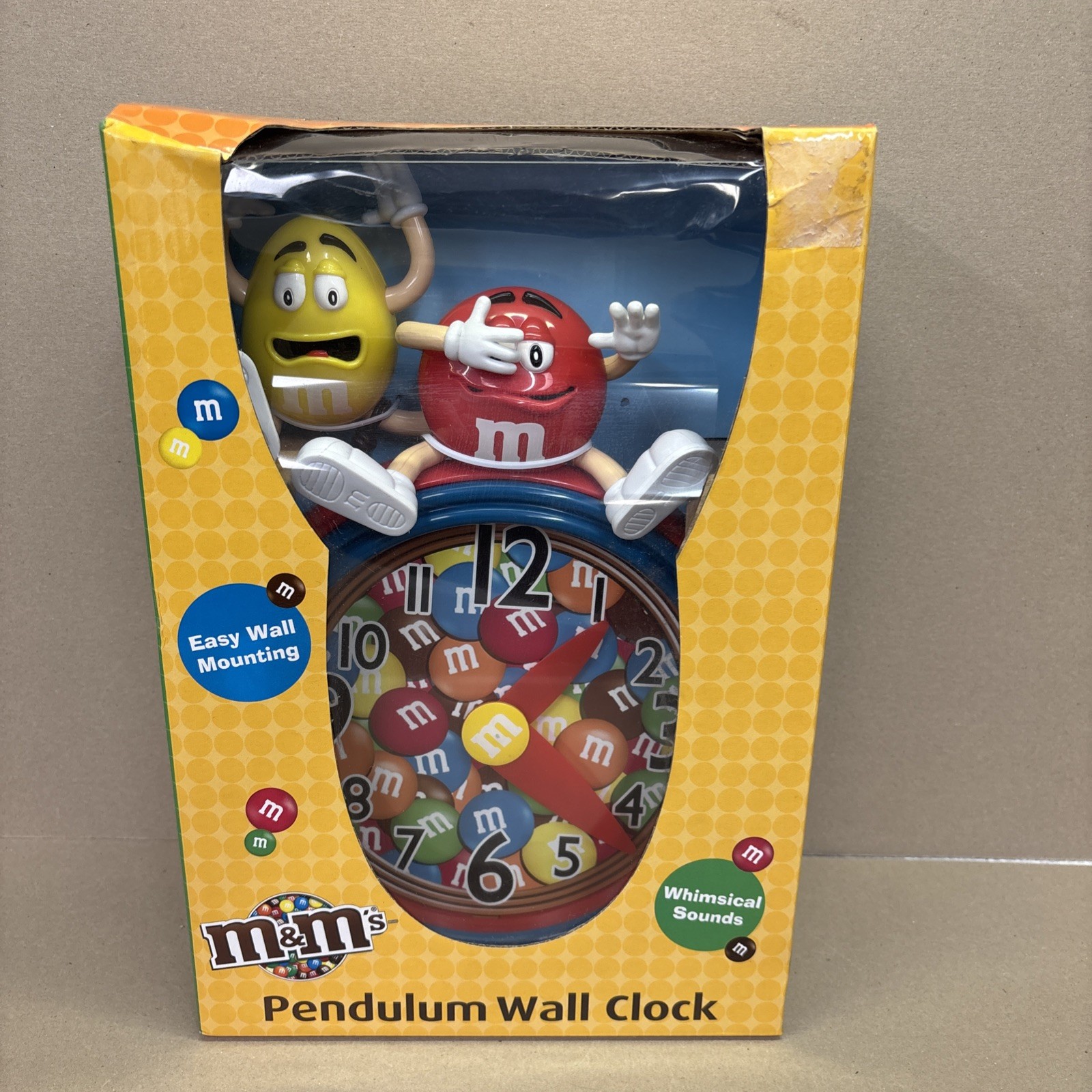 M&M\'s Pendulum Wall Clock Whimsical Sounds NEW WITH DAMAGED BOX