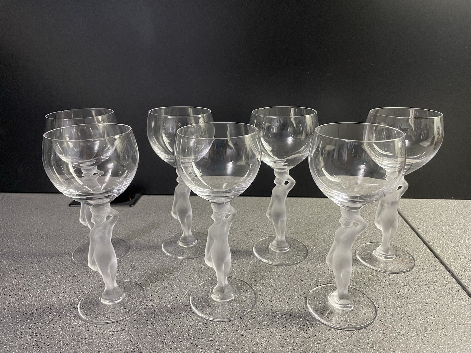 7  Crystal BACCHANTE  BAYEL CLARET WINE GLASSES w/ Frosted Female Nude  Stem
