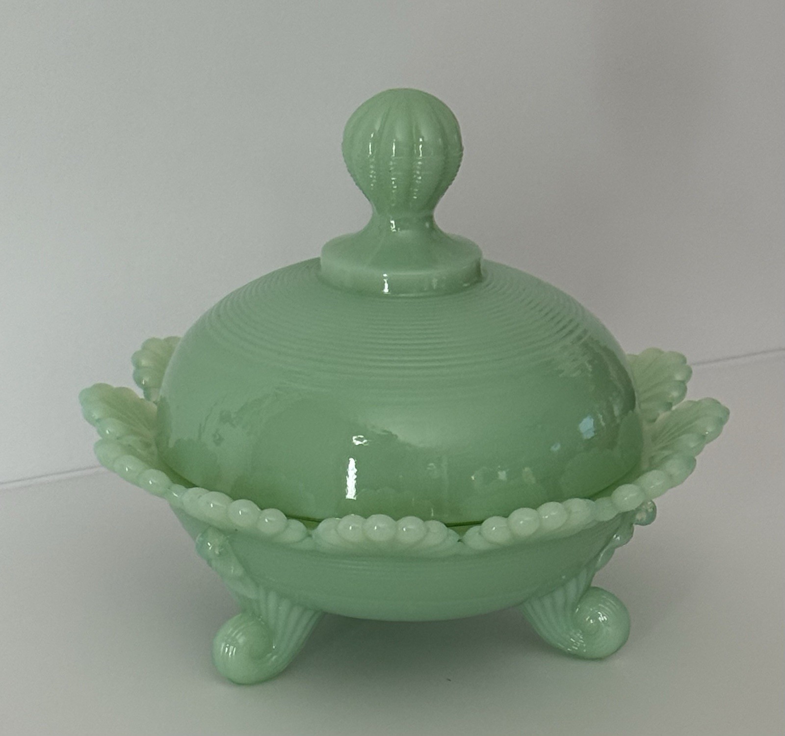 Mosser Glass - COVERED FOOTED CANDY DISH - JADEITE (Green) - 5\ Mosser Glass - COVERED FOOTED CANDY DISH - JADEITE (Green) - 5\