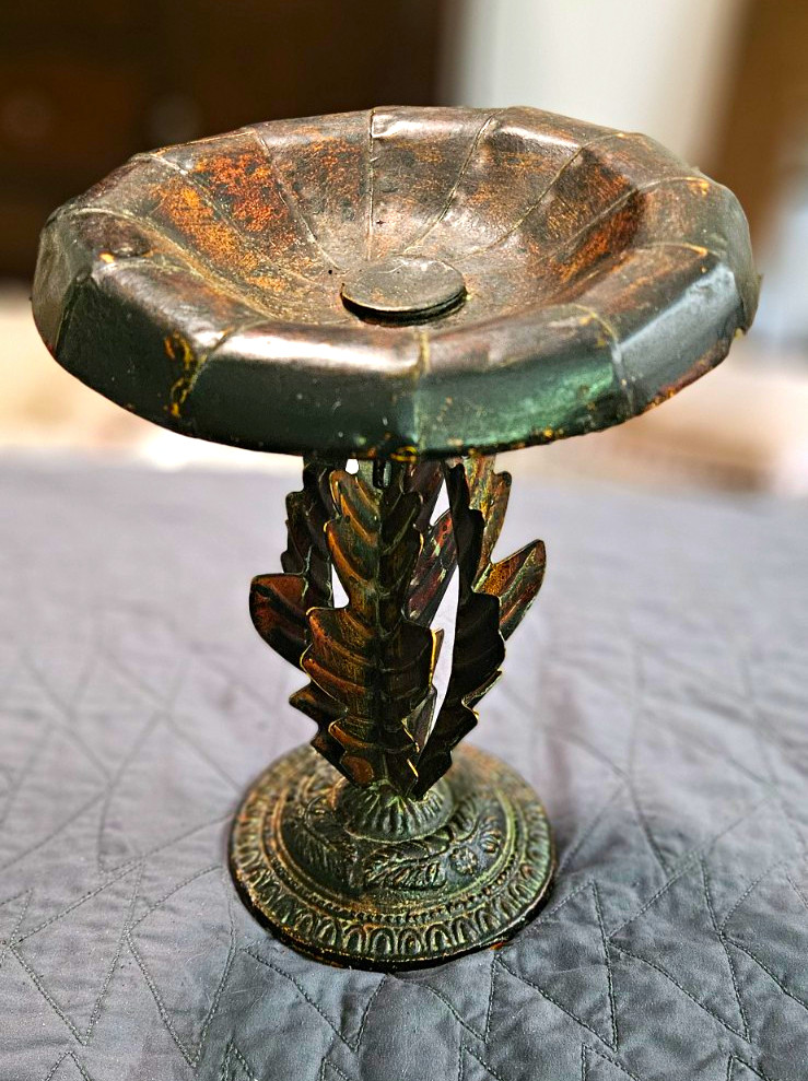 Vintage Metal Pedestal Tobacco Ashtray Leaf Stem Ornate Base