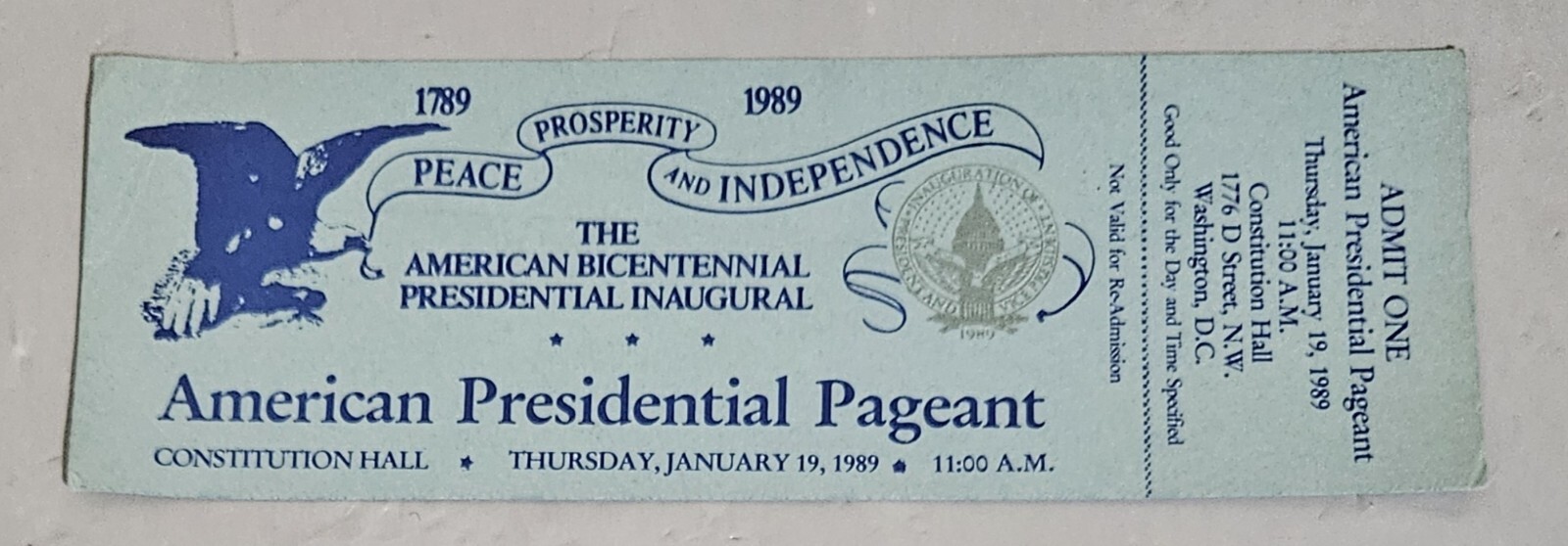 American Presidential Pageant Un-Ripped Ticket Constitution Hall Jan 19 1989 American Presidential Pageant Un-Ripped Ticket Constitution Hall Jan 19 1989