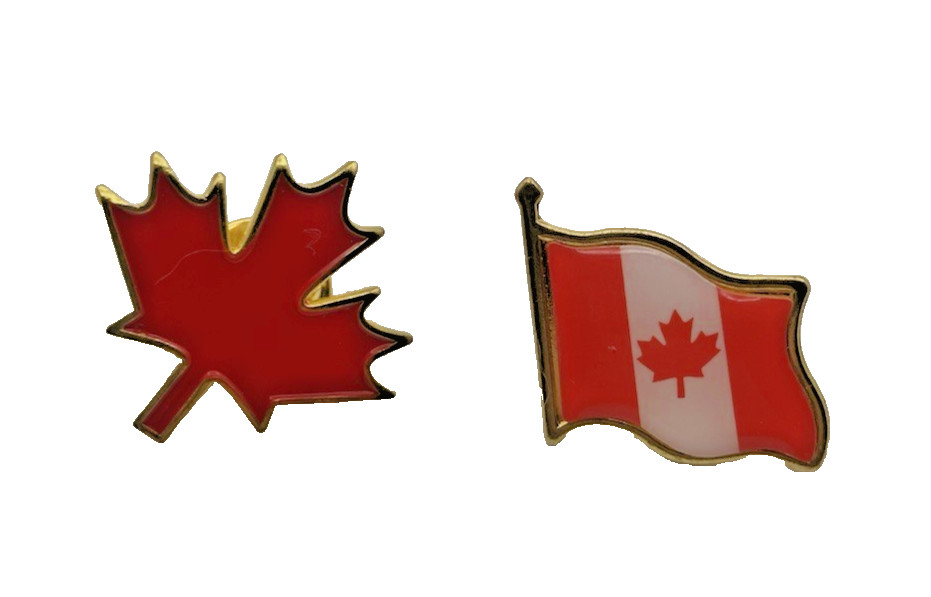 Canada Souvenir Enamel Lapel Hat Pin X 2 Flag & Red Maple Leaf Gold Tone Metal
