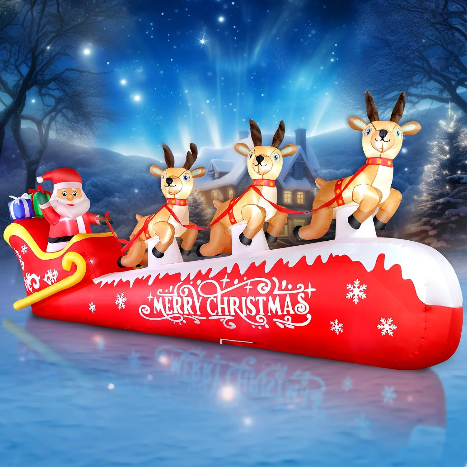 12 FT Christmas Inflatable Santa Claus on Sleigh with 3 Reindeers Outdoor Decora