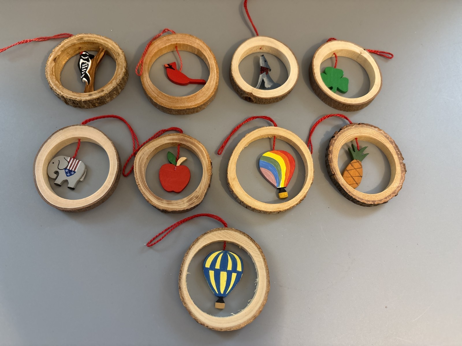 Vintage 9pc Handmade Wood Slice Christmas Ornaments Folk Art Rustic Bark Decor