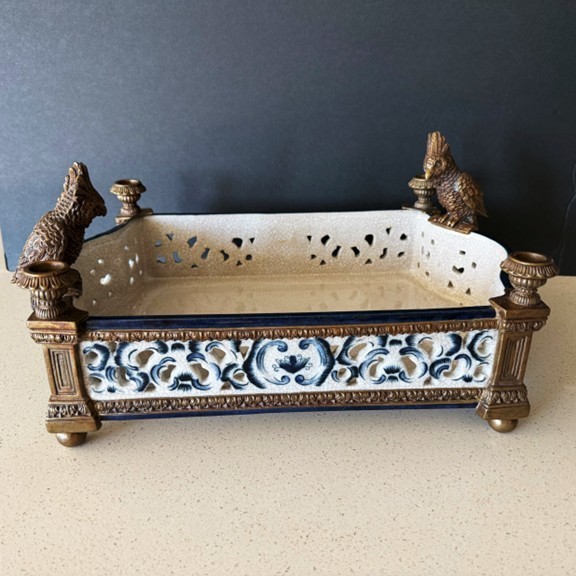 CASTILIAN Footed Centerpiece Planter Candleholder Porcelain Crackle Bronze Birds