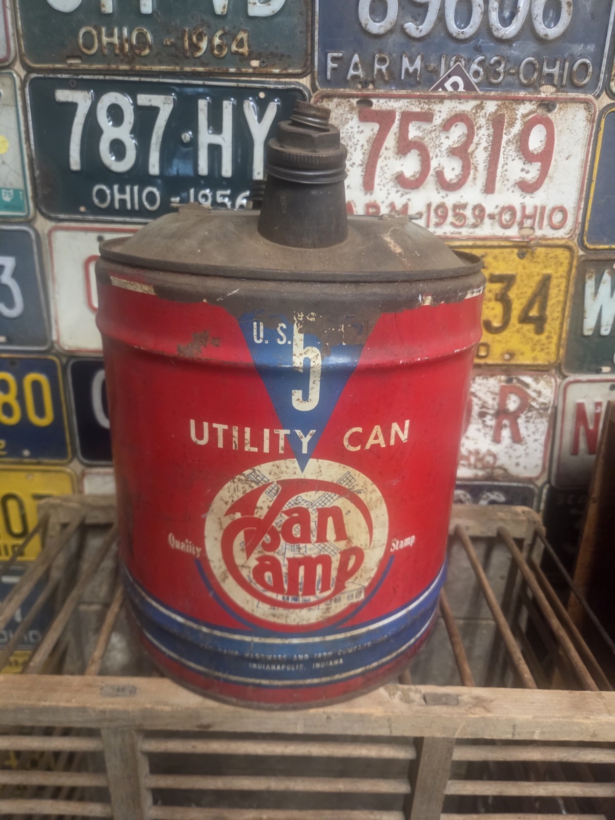 Vintage Van Camp 5 Gallon Can Advertising Metal Early Wood Handle Vintage Van Camp 5 Gallon Can Advertising Metal Early Wood Handle