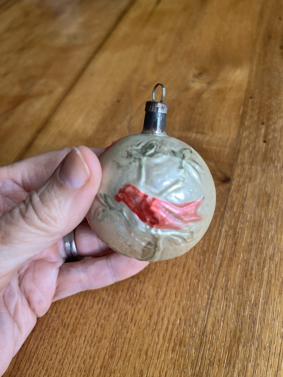 Antique VTG Glass Red BIRD on Branch Embossed BALL Christmas Ornament Germany