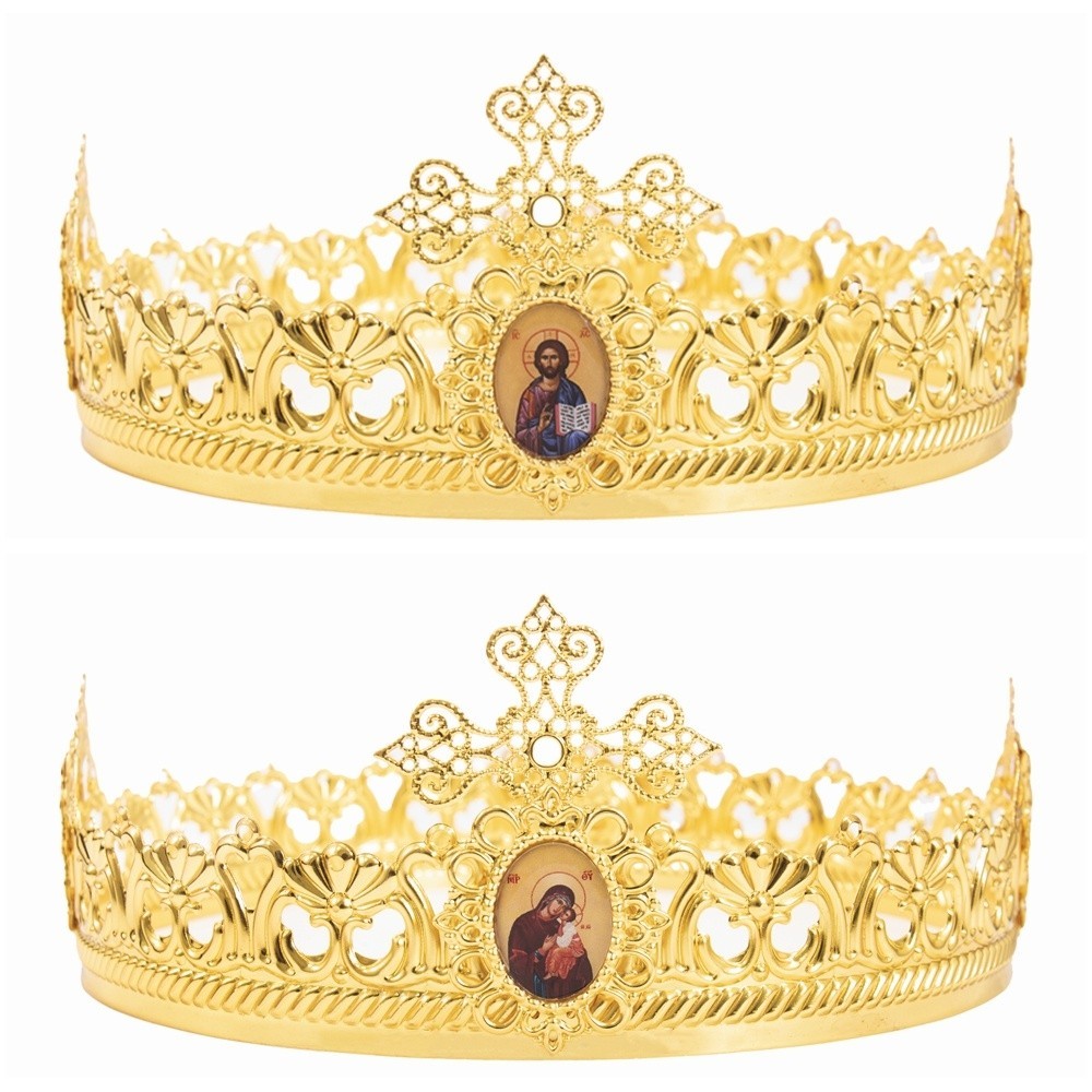 Orthodox Christian Wedding Crowns: (#3) Set of 2 Gold Finish w/ Oval Icons -NEW