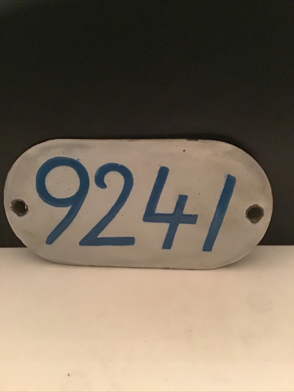 VIntage/Antique 5”x2.5” White Enamel Porcelain Blue Number Address Sign 9241