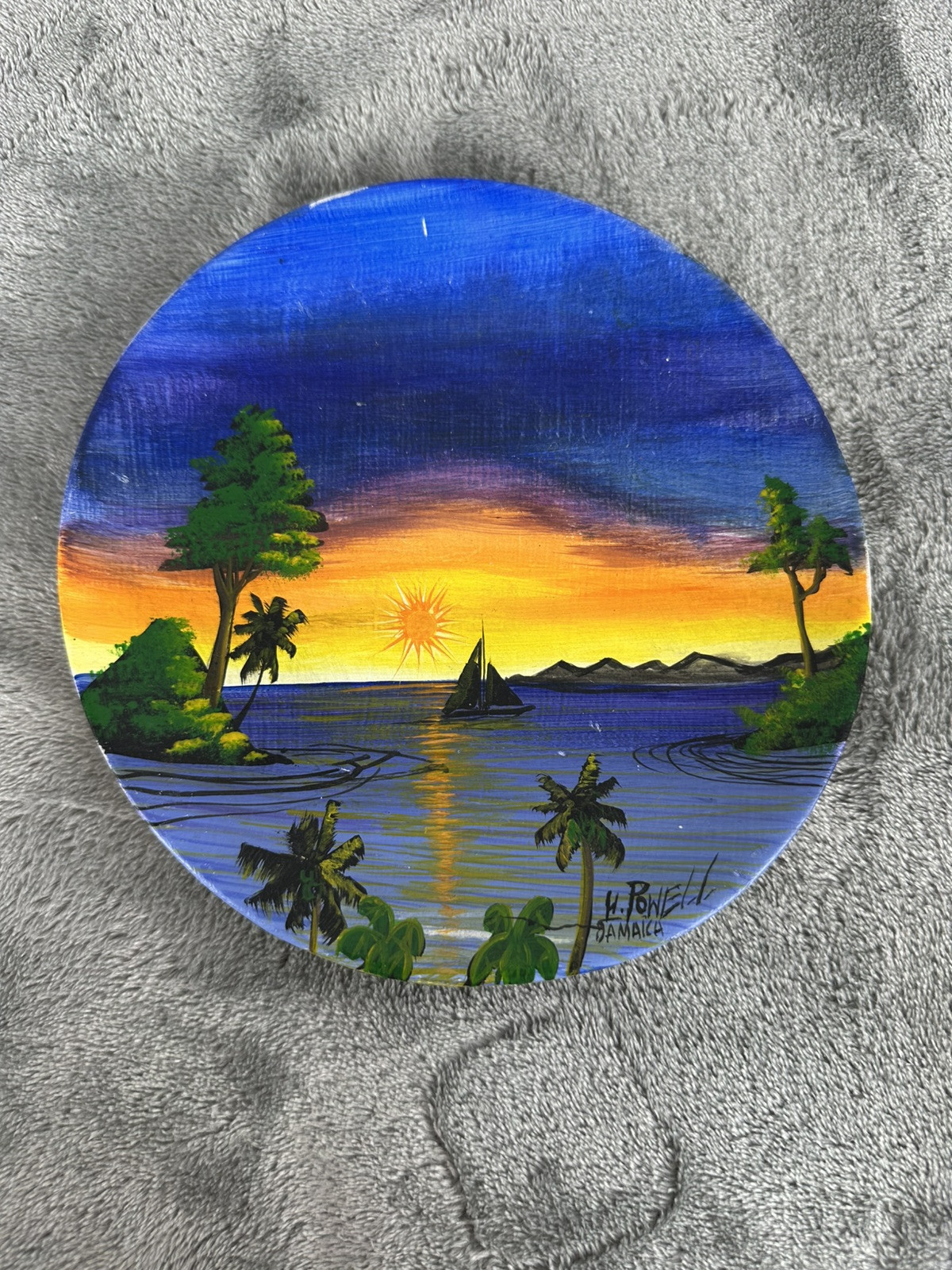 Hand Painted Wood Plate From Jamaica Water Boat Sunset Scene