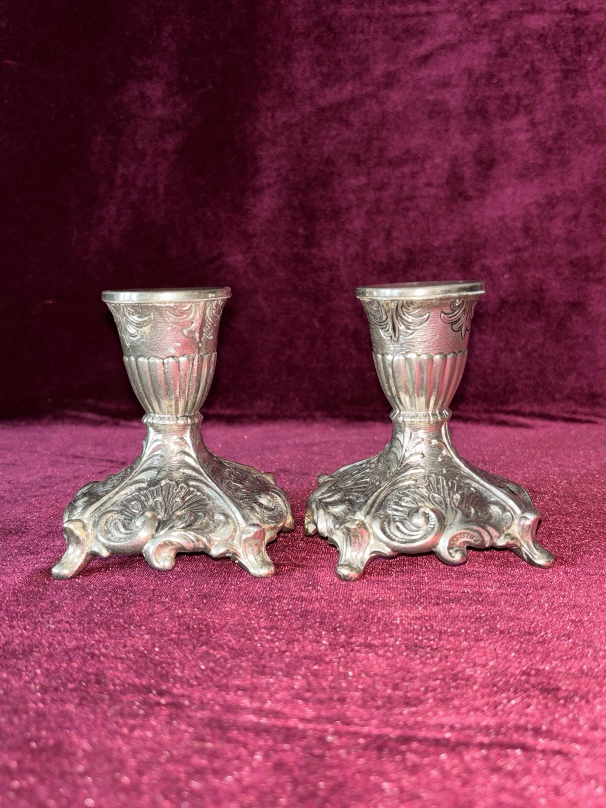 Vintage Pair Ornate Silver Plated Candlestick Holders 4”  Tarnish Resistant
