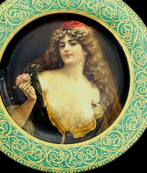 Antique Vienna Art Plate Tin Litho Beautiful Woman 1905 Antique Vienna Art Plate Tin Litho Beautiful Woman 1905