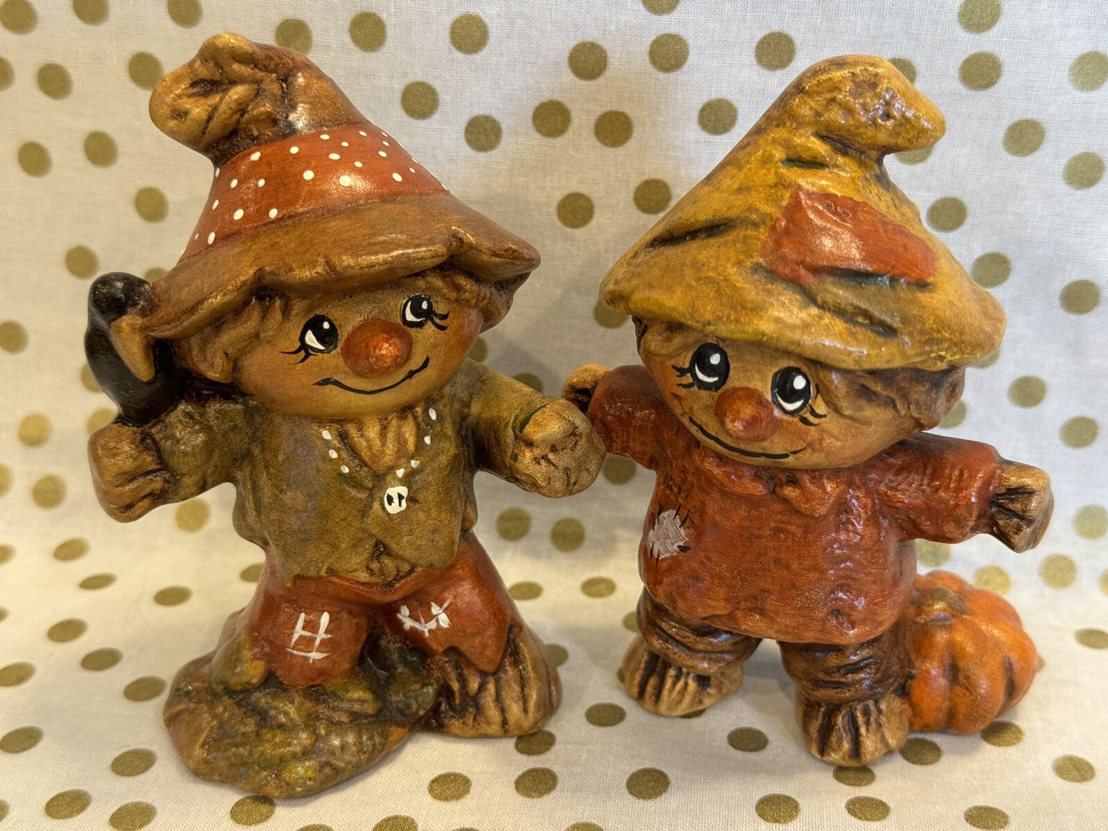 Ceramic Thanksgiving Scarecrow Figurine Set Crow Pumpkin Harvest Autumn Fall