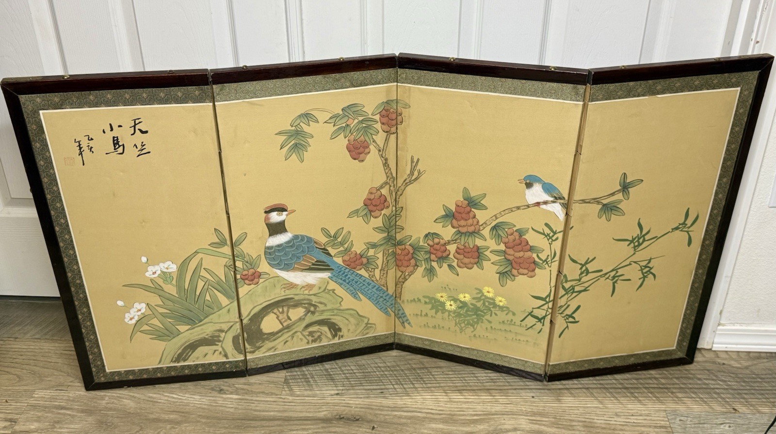 Vintage Chinese 4 Panel Folding Tabletop Screen HandPainted Silk Birds 25x48 Art