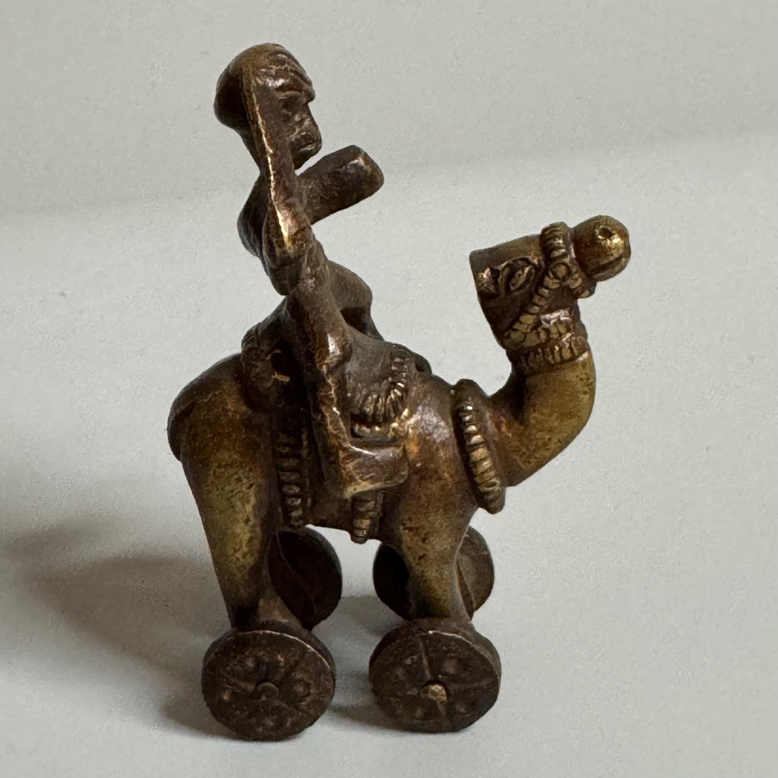 Vintage Dhokra Bronze Camel and Rider Figurine on Wheels Tribal Folk Art 3.5