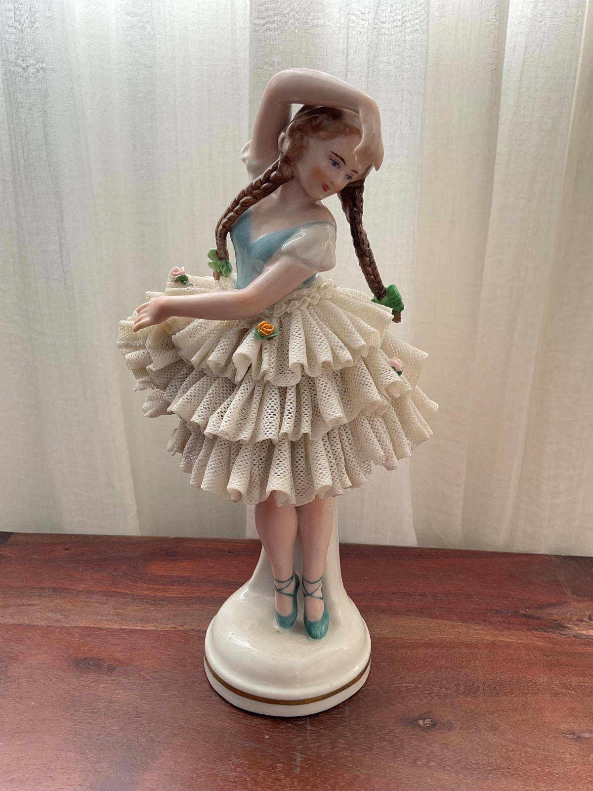 Vintage German Dresden Style Porcelain and Lace Figurine, 8.25” Tall Vintage German Dresden Style Porcelain and Lace Figurine, 8.25” Tall